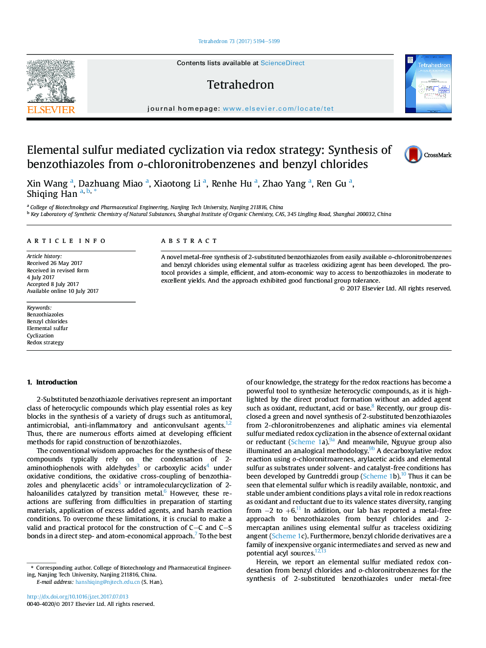 Elemental sulfur mediated cyclization via redox strategy: Synthesis of benzothiazoles from o-chloronitrobenzenes and benzyl chlorides