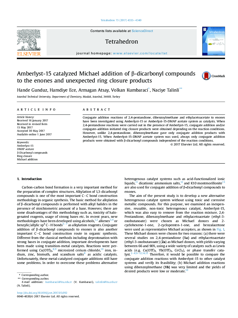 Amberlyst-15 catalyzed Michael addition of Î²-dicarbonyl compounds to the enones and unexpected ring closure products