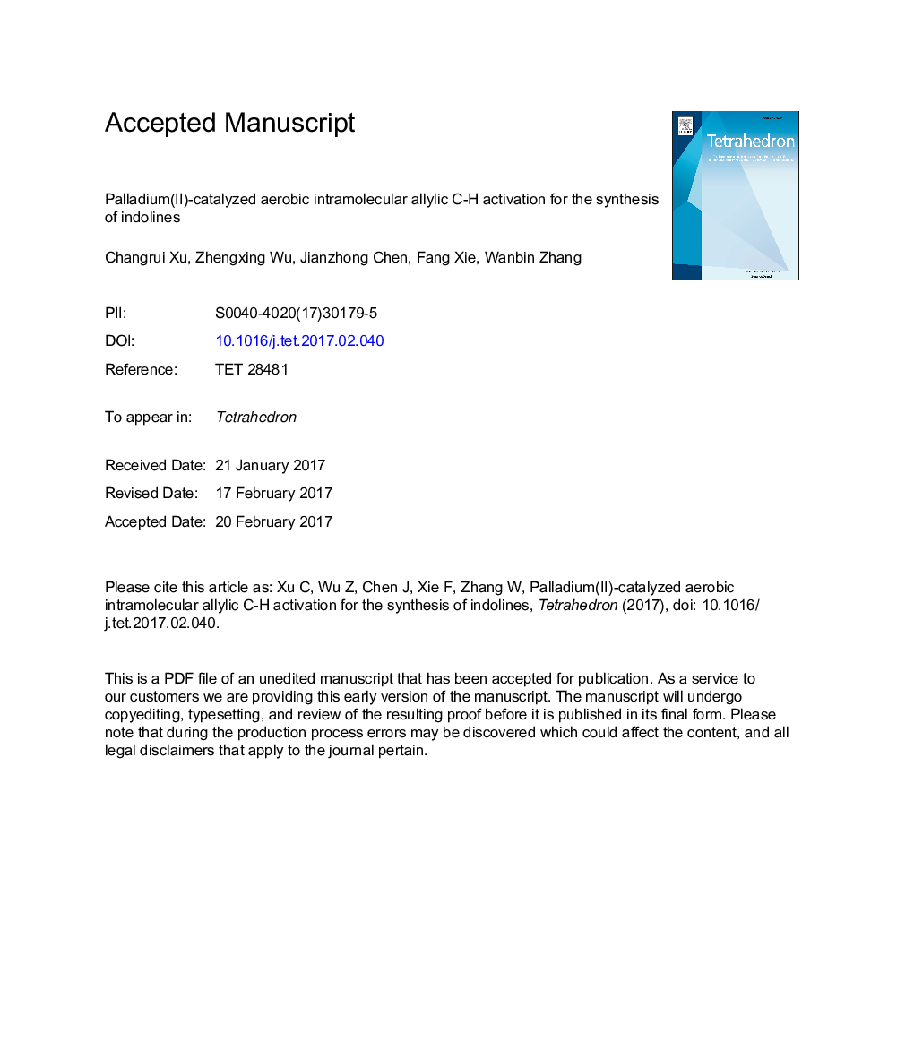 Palladium(II)-catalyzed aerobic intramolecular allylic CH activation for the synthesis of indolines