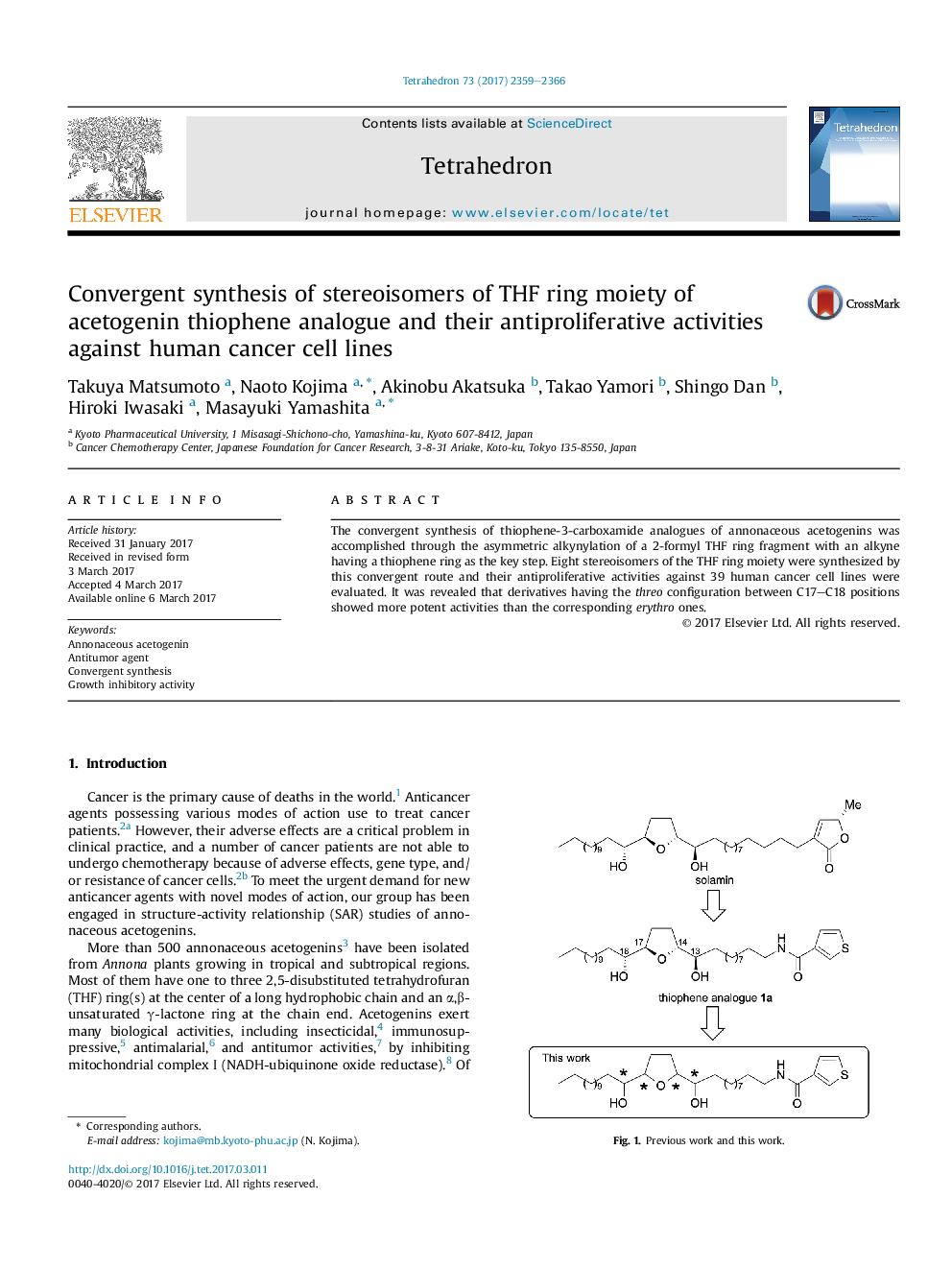 Convergent synthesis of stereoisomers of THF ring moiety of acetogenin thiophene analogue and their antiproliferative activities against human cancer cell lines