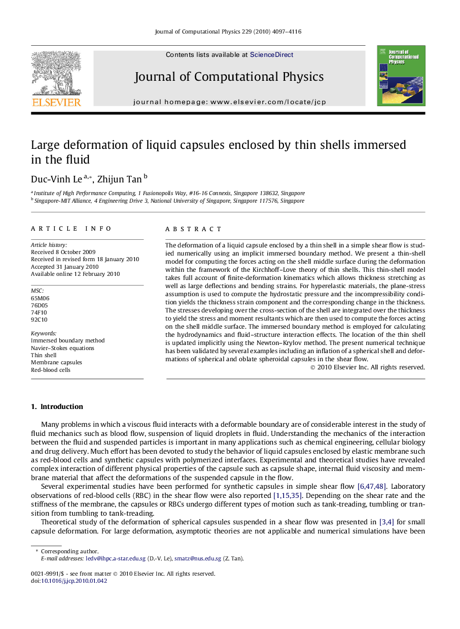 Large deformation of liquid capsules enclosed by thin shells immersed in the fluid