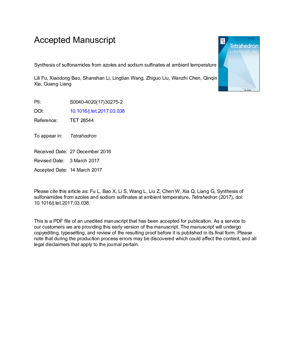 Synthesis of sulfonamides from azoles and sodium sulfinates at ambient temperature