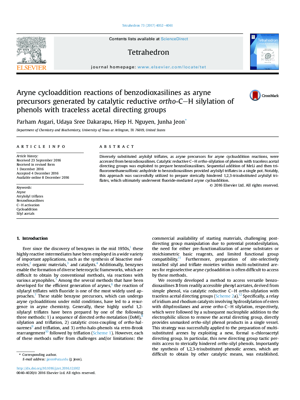 Aryne cycloaddition reactions of benzodioxasilines as aryne precursors generated by catalytic reductive ortho-CH silylation of phenols with traceless acetal directing groups