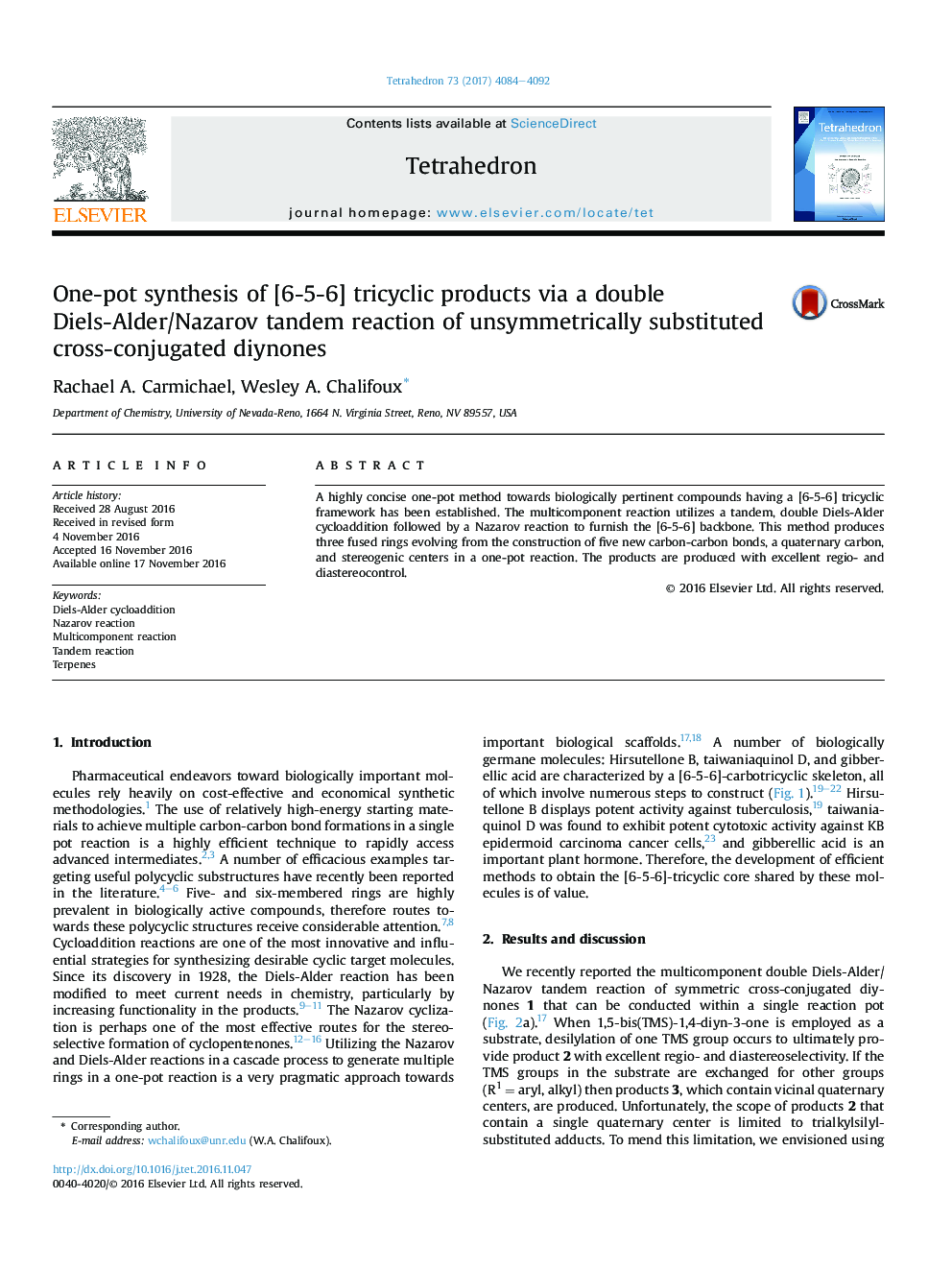 One-pot synthesis of [6-5-6] tricyclic products via a double Diels-Alder/Nazarov tandem reaction of unsymmetrically substituted cross-conjugated diynones