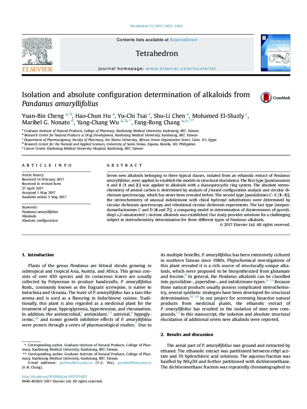 Isolation and absolute configuration determination of alkaloids from Pandanus amaryllifolius