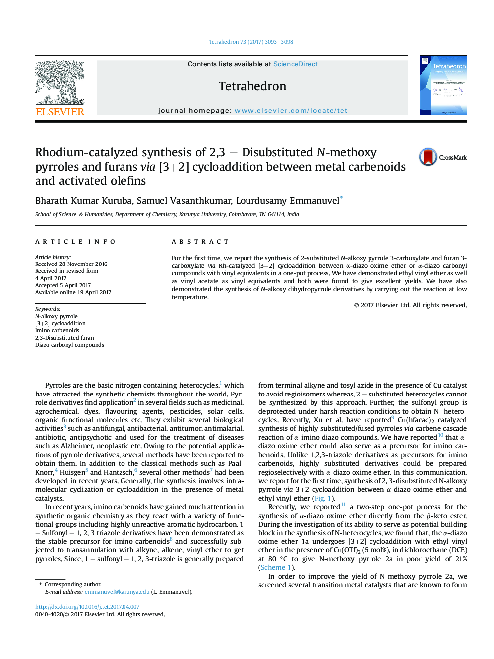 Rhodium-catalyzed synthesis of 2,3 - Disubstituted N-methoxy pyrroles and furans via [3+2] cycloaddition between metal carbenoids and activated olefins