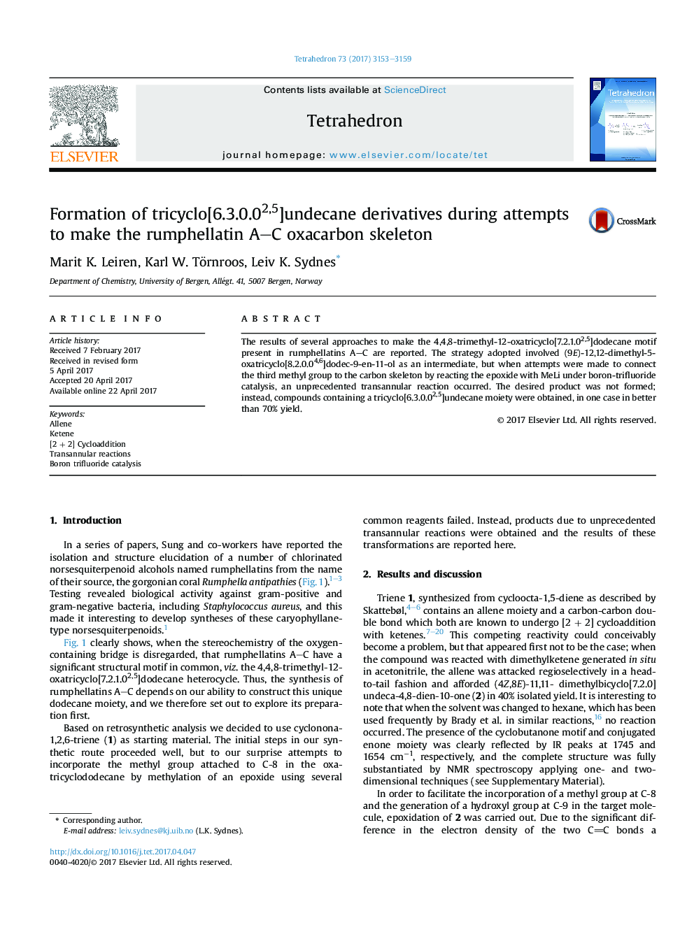 Formation of tricyclo[6.3.0.02,5]undecane derivatives during attempts to make the rumphellatin A-C oxacarbon skeleton