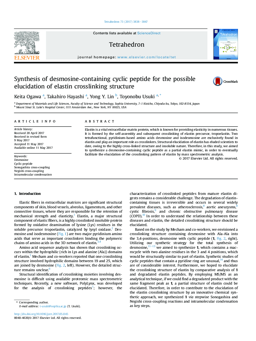 Synthesis of desmosine-containing cyclic peptide for the possible elucidation of elastin crosslinking structure