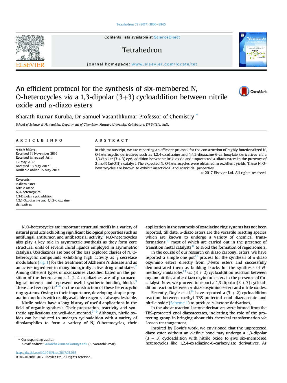 An efficient protocol for the synthesis of six-membered N, O-heterocycles via a 1,3-dipolar (3+3) cycloaddition between nitrile oxide and Î±-diazo esters