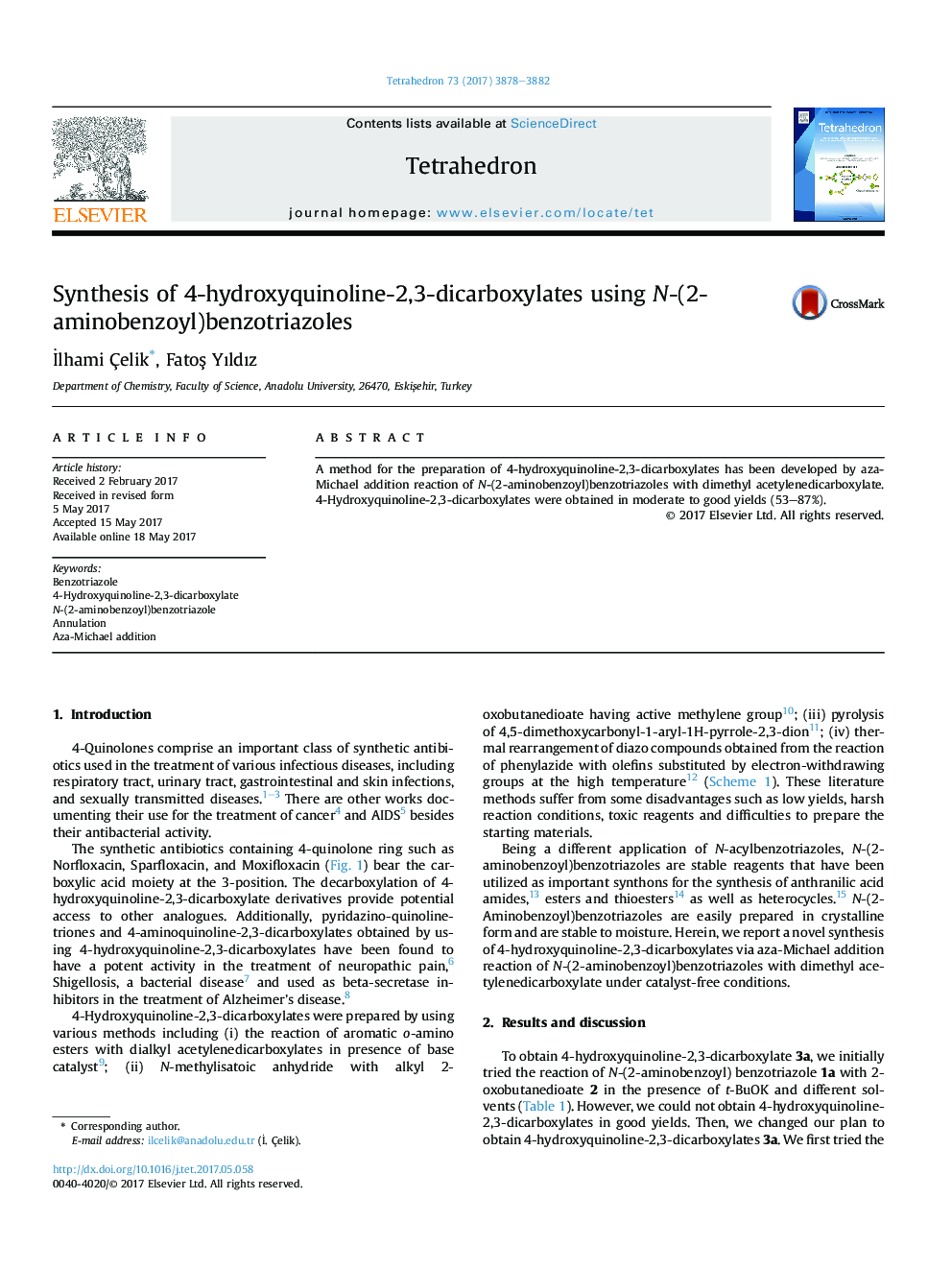 Synthesis of 4-hydroxyquinoline-2,3-dicarboxylates using N-(2-aminobenzoyl)benzotriazoles