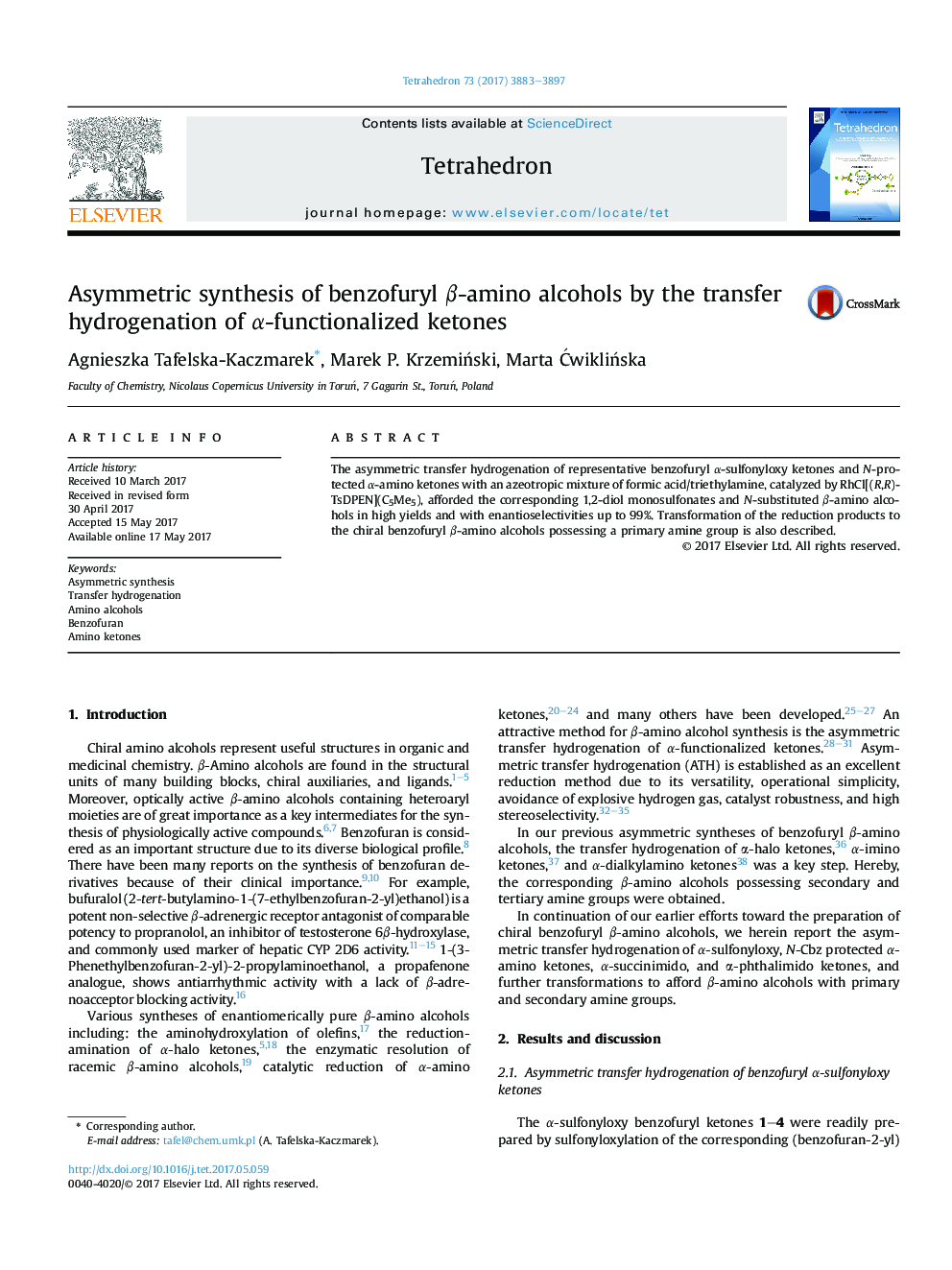 Asymmetric synthesis of benzofuryl Î²-amino alcohols by the transfer hydrogenation of Î±-functionalized ketones