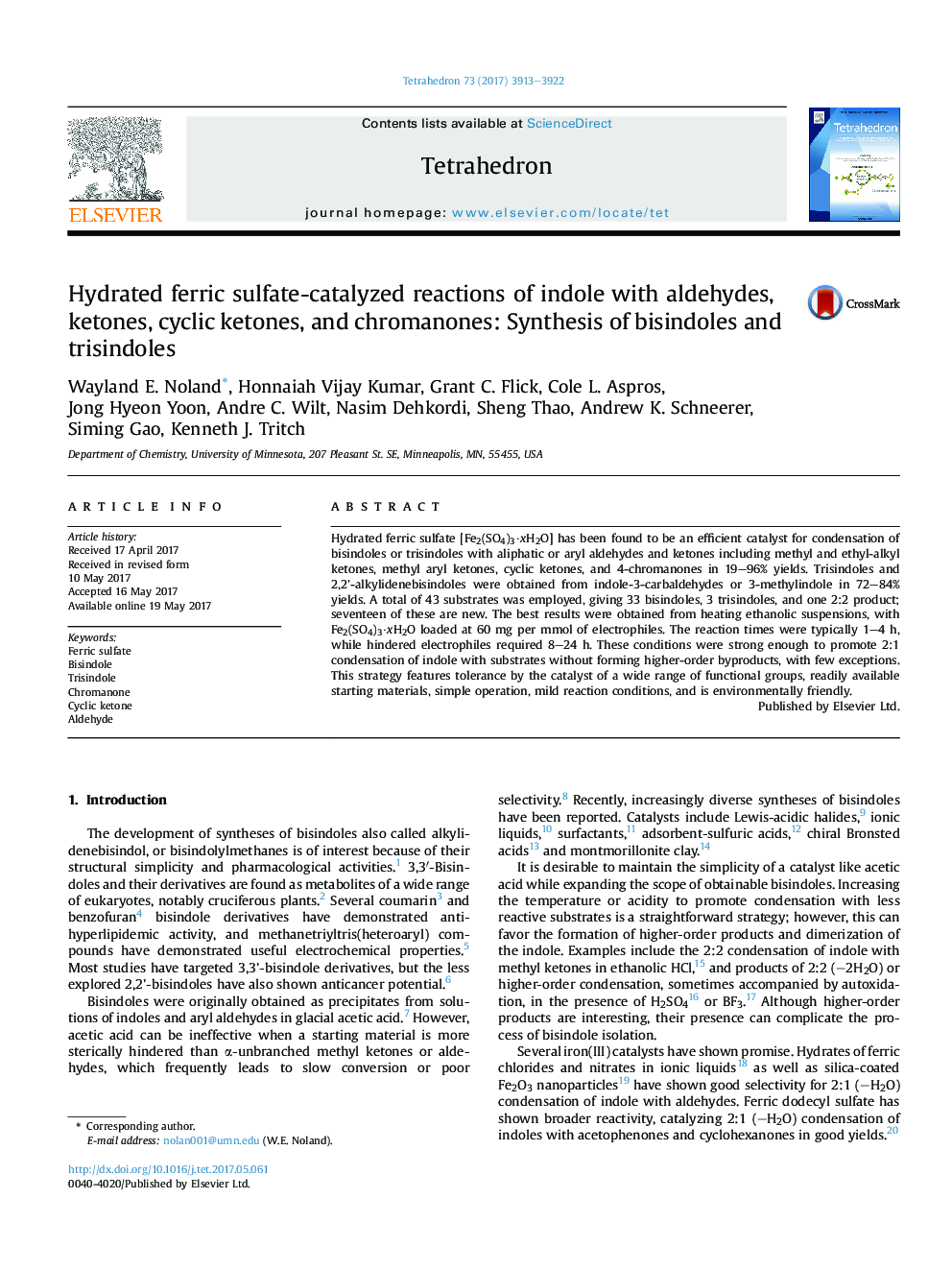 Hydrated ferric sulfate-catalyzed reactions of indole with aldehydes, ketones, cyclic ketones, and chromanones: Synthesis of bisindoles and trisindoles