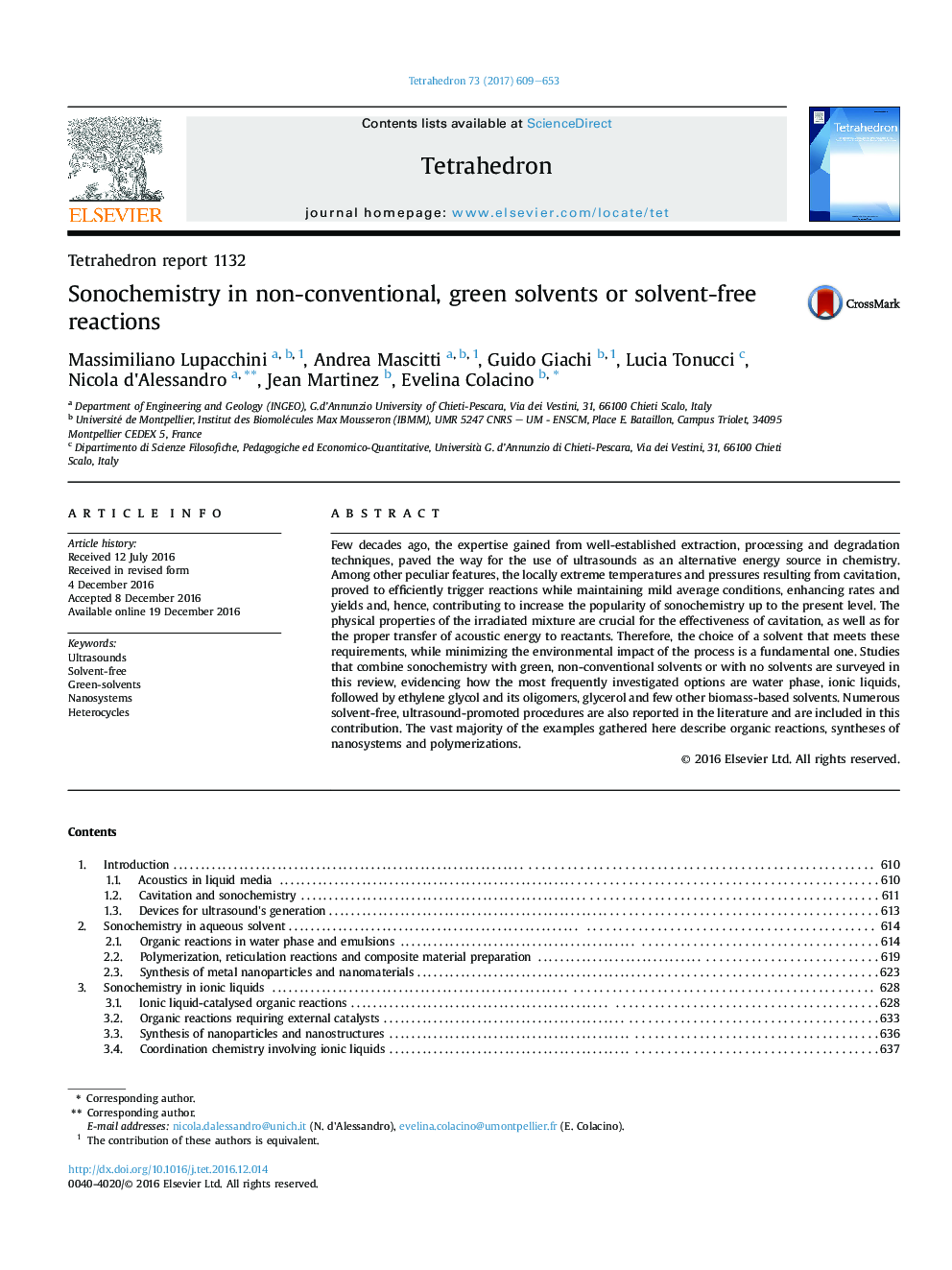 Tetrahedron report 1132Sonochemistry in non-conventional, green solvents or solvent-free reactions