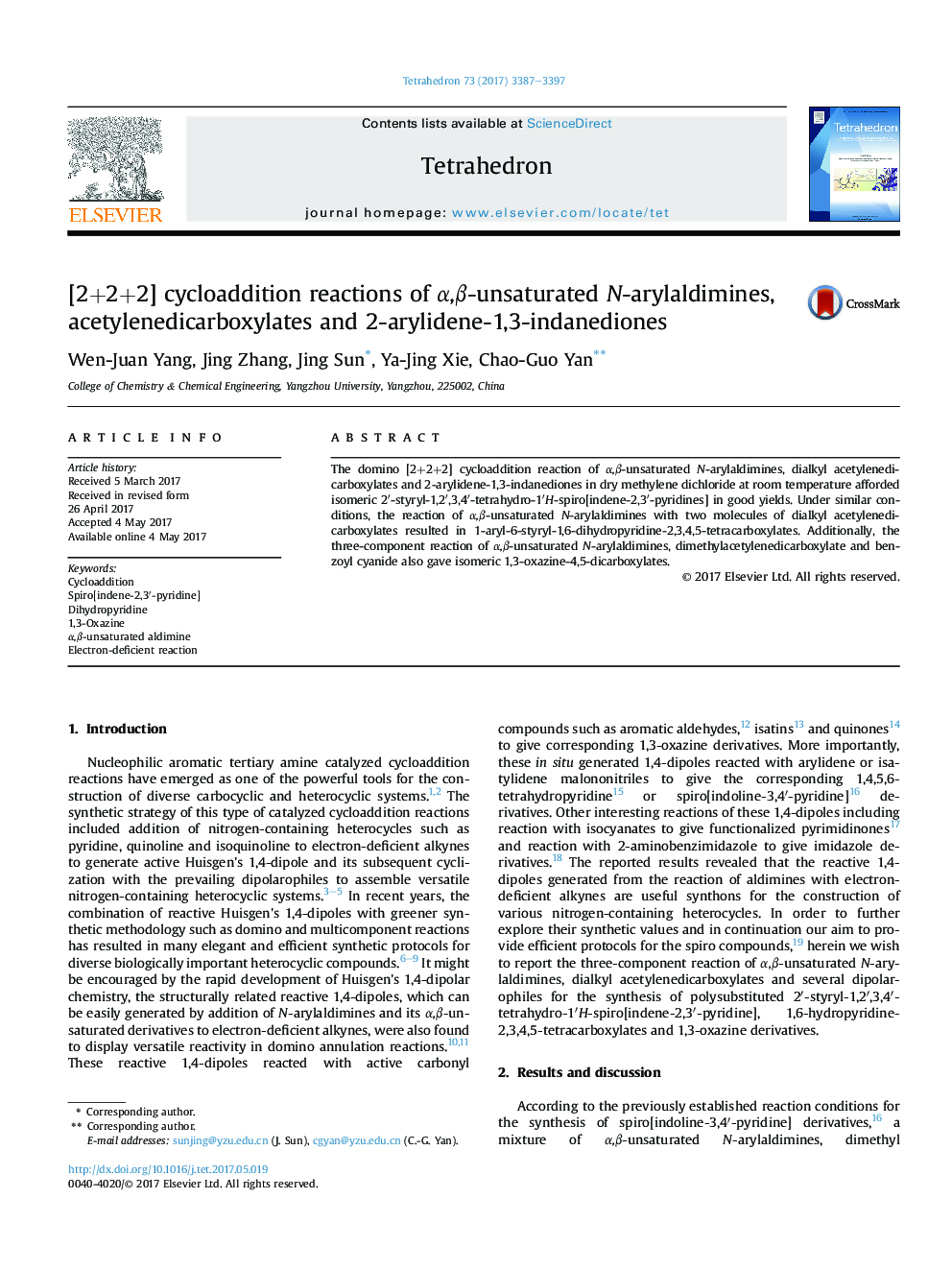 [2+2+2] cycloaddition reactions of Î±,Î²-unsaturated N-arylaldimines, acetylenedicarboxylates and 2-arylidene-1,3-indanediones