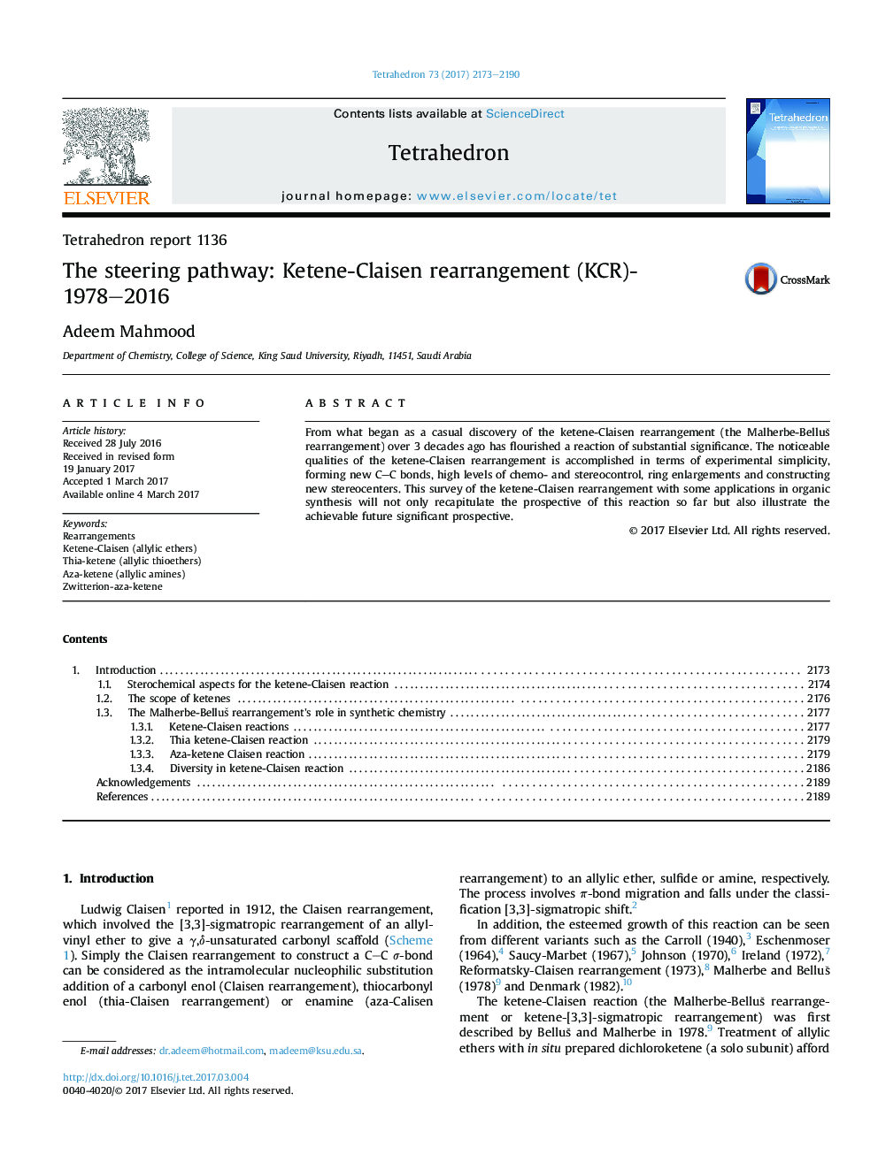 Tetrahedron report 1136The steering pathway: Ketene-Claisen rearrangement (KCR)-1978-2016