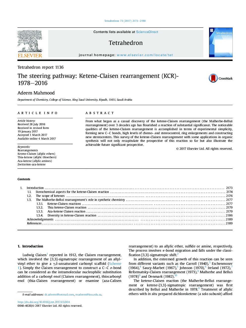 عکس صفحه اول مقاله: Tetrahedron report 1136The steering pathway: Ketene-Claisen rearrangement (KCR)-1978-2016 Tetrahedron report 1136The steering pathway: Ketene-Claisen rearrangement (KCR)-1978-2016