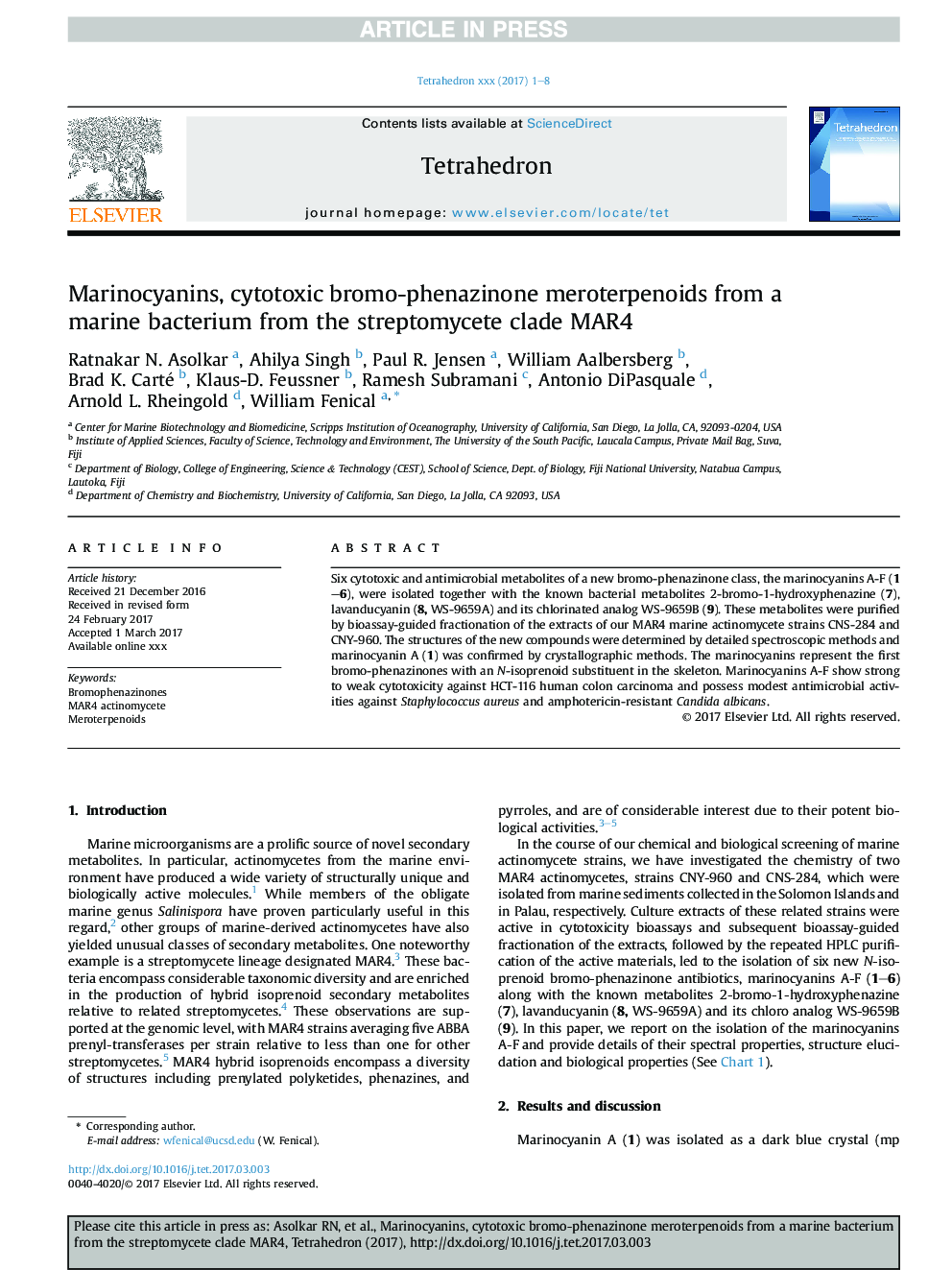 Marinocyanins, cytotoxic bromo-phenazinone meroterpenoids from a marine bacterium from the streptomycete clade MAR4