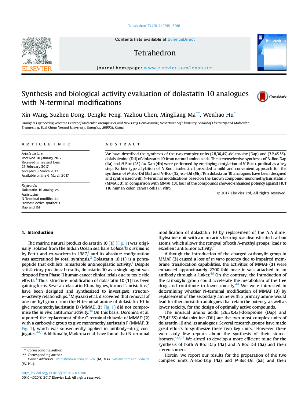 Synthesis and biological activity evaluation of dolastatin 10 analogues with N-terminal modifications