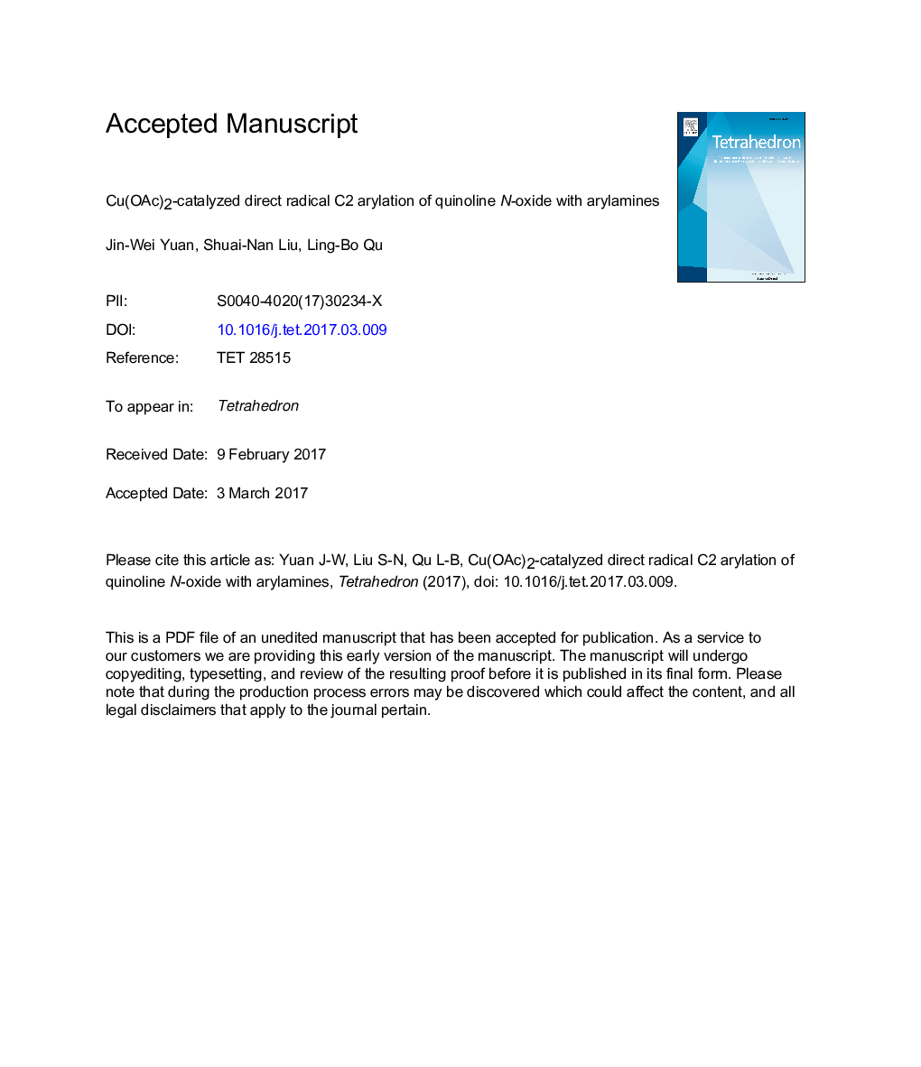 Cu(OAc)2-catalyzed direct radical C2 arylation of quinoline N-oxide with arylamines