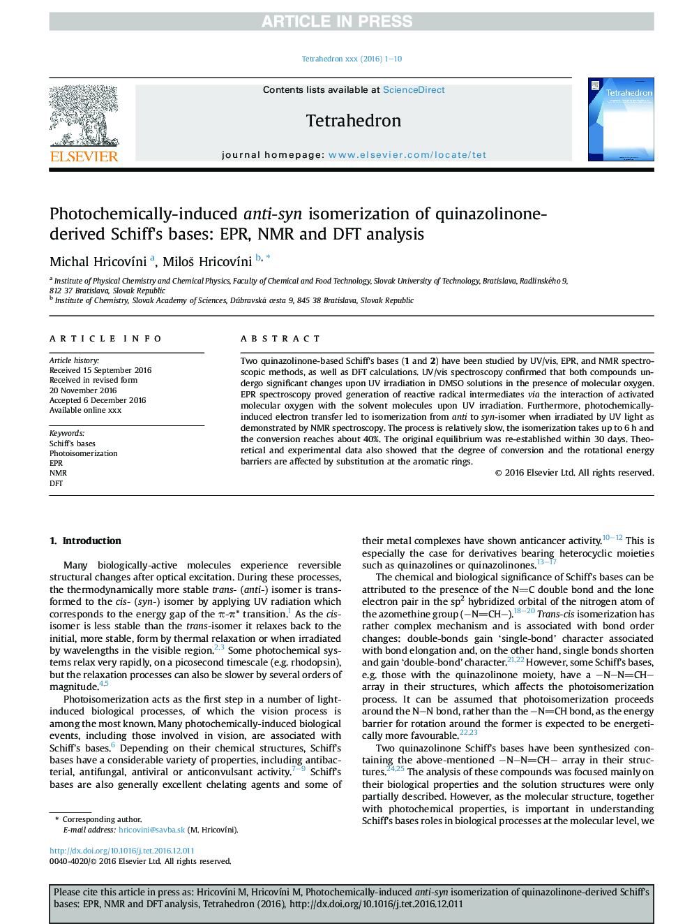 Photochemically-induced anti-syn isomerization of quinazolinone-derived Schiff's bases: EPR, NMR and DFT analysis