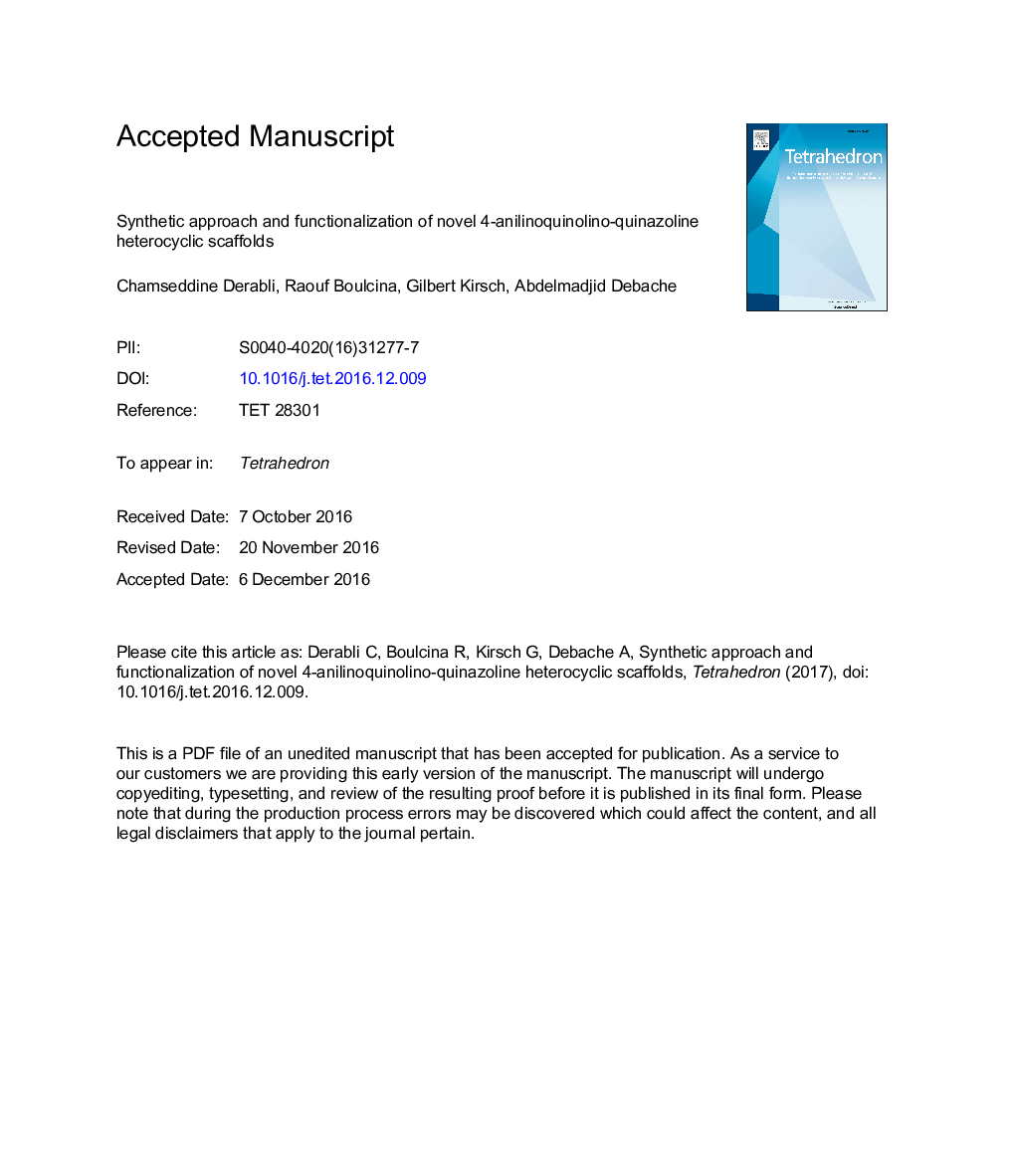 Synthetic approach and functionalization of novel 4-anilinoquinolino-quinazoline heterocyclic scaffolds