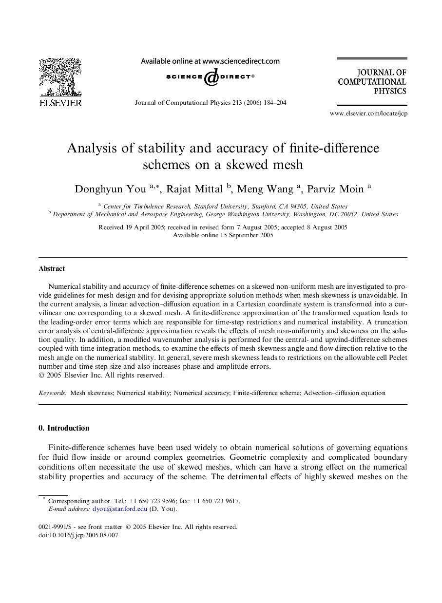 Analysis of stability and accuracy of finite-difference schemes on a skewed mesh