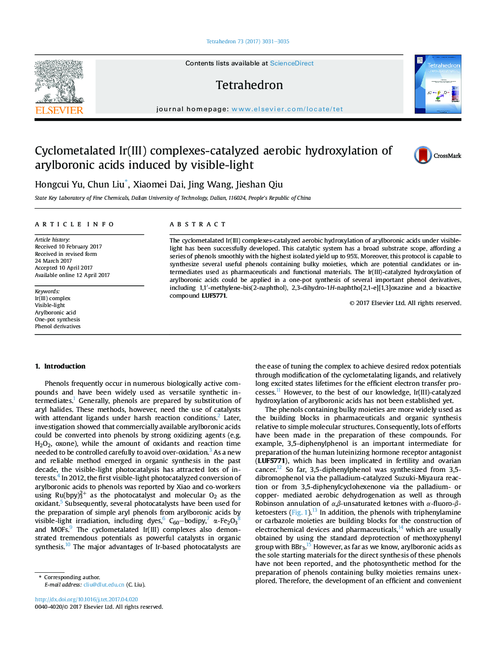 Cyclometalated Ir(III) complexes-catalyzed aerobic hydroxylation of arylboronic acids induced by visible-light