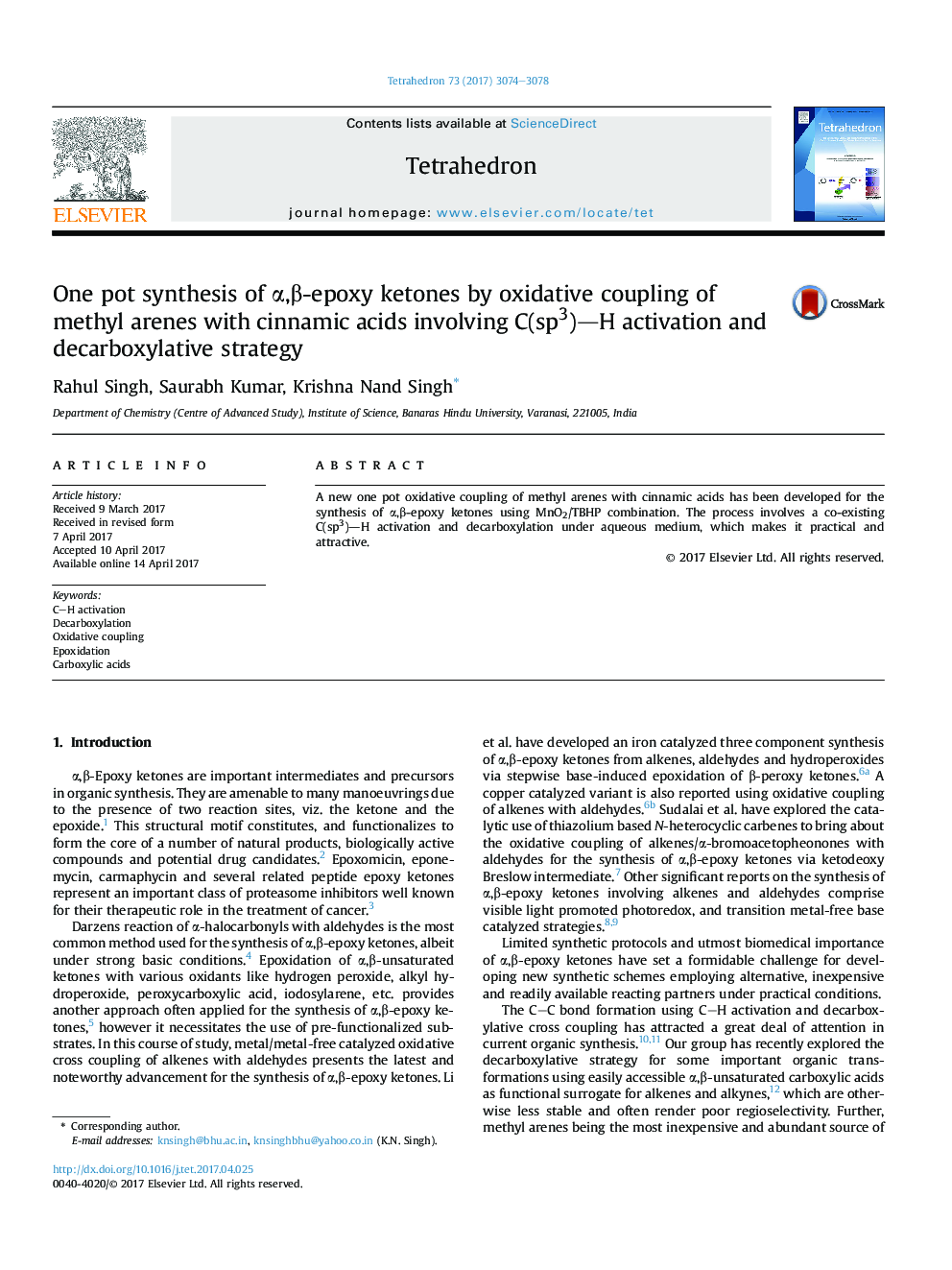 One pot synthesis of Î±,Î²-epoxy ketones by oxidative coupling of methyl arenes with cinnamic acids involving C(sp3)âH activation and decarboxylative strategy