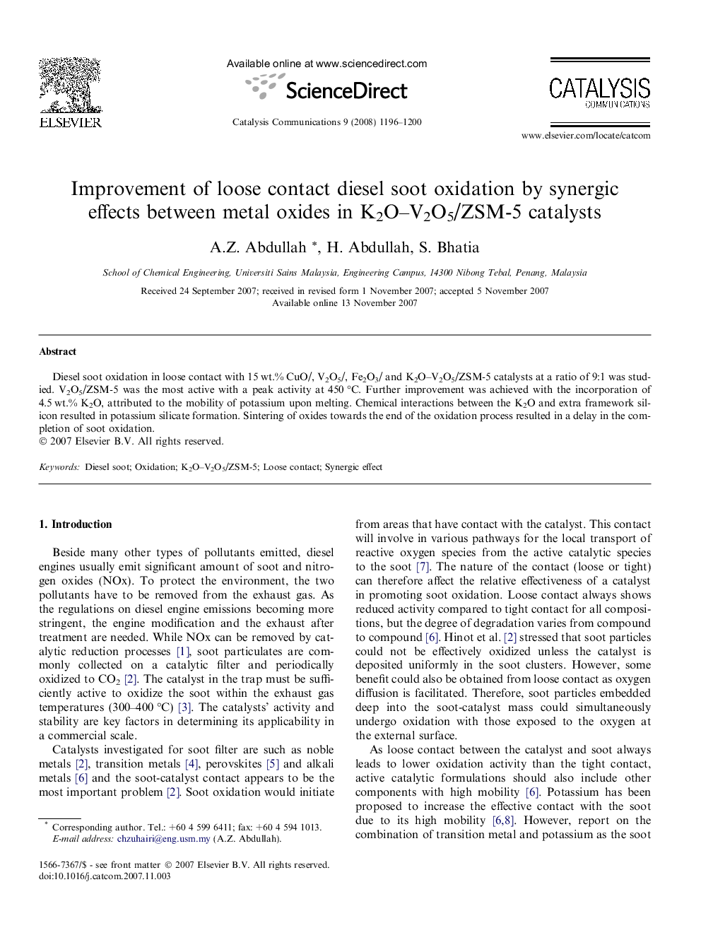 Improvement of loose contact diesel soot oxidation by synergic effects between metal oxides in K2O–V2O5/ZSM-5 catalysts