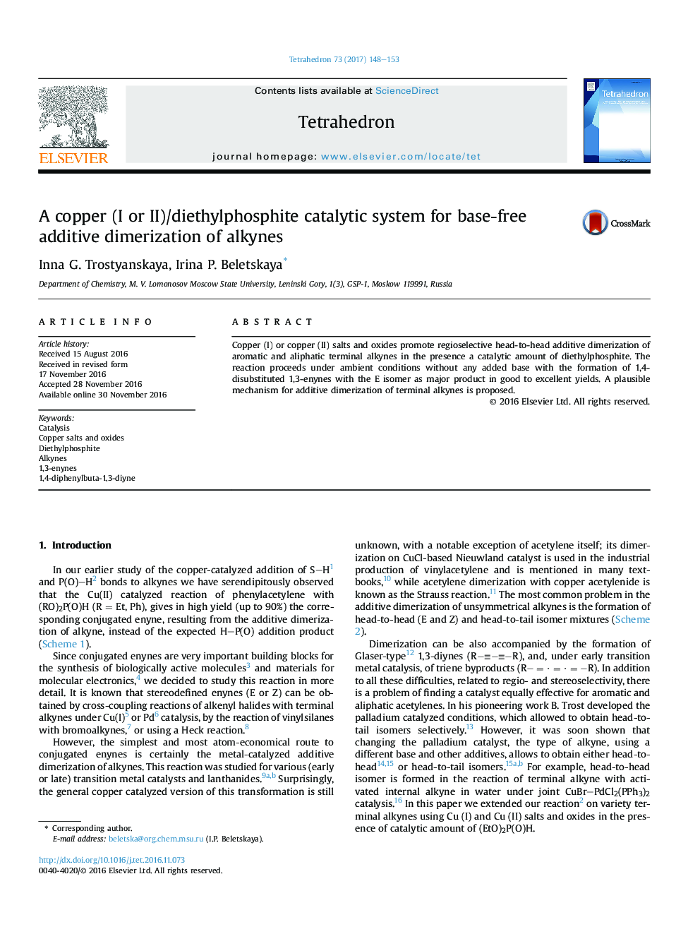 A copper (I or II)/diethylphosphite catalytic system for base-free additive dimerization of alkynes