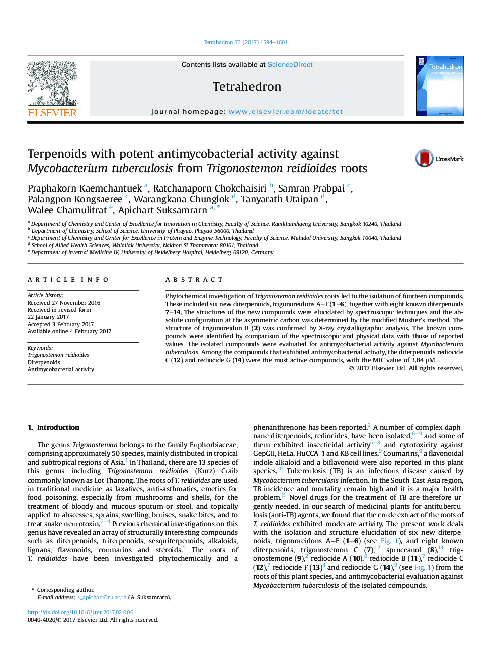 عکس صفحه اول مقاله: Terpenoids with potent antimycobacterial activity against Mycobacterium tuberculosis from Trigonostemon reidioides roots Terpenoids with potent antimycobacterial activity against Mycobacterium tuberculosis from Trigonostemon reidioides roots