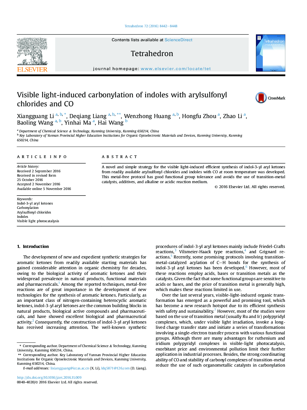 Visible light-induced carbonylation of indoles with arylsulfonyl chlorides and CO