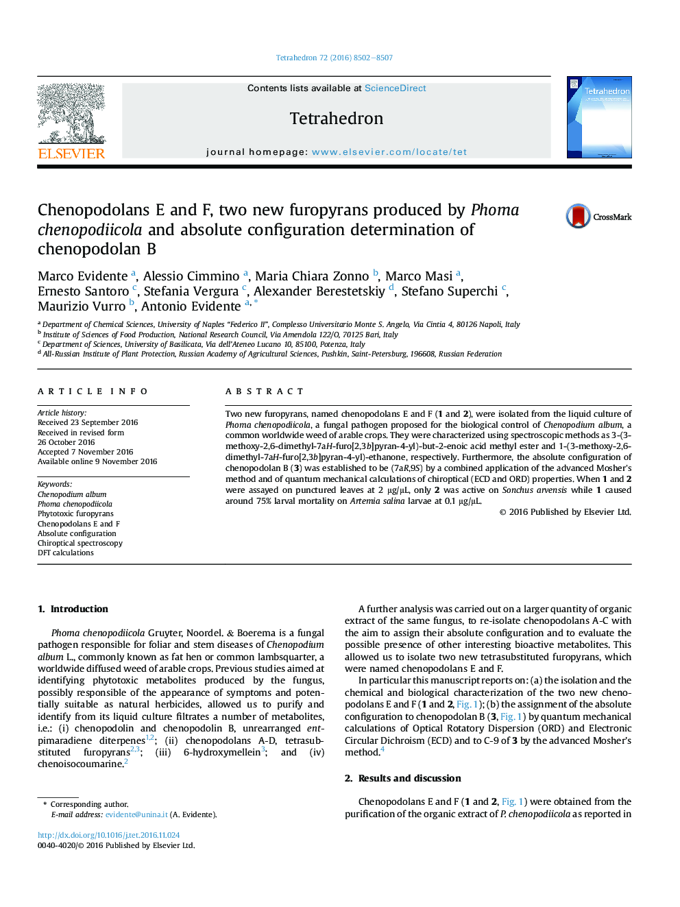 Chenopodolans E and F, two new furopyrans produced by Phoma chenopodiicola and absolute configuration determination of chenopodolan B