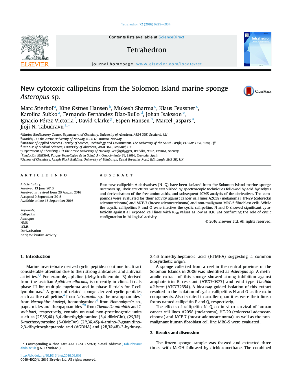 New cytotoxic callipeltins from the Solomon Island marine sponge Asteropus sp.