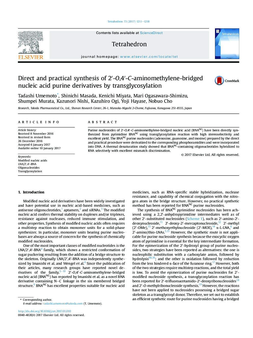 Direct and practical synthesis of 2â²-O,4â²-C-aminomethylene-bridged nucleic acid purine derivatives by transglycosylation