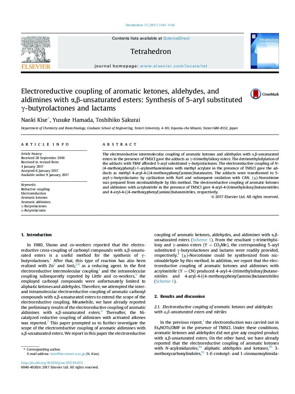 Electroreductive coupling of aromatic ketones, aldehydes, and aldimines with Î±,Î²-unsaturated esters: Synthesis of 5-aryl substituted Î³-butyrolactones and lactams