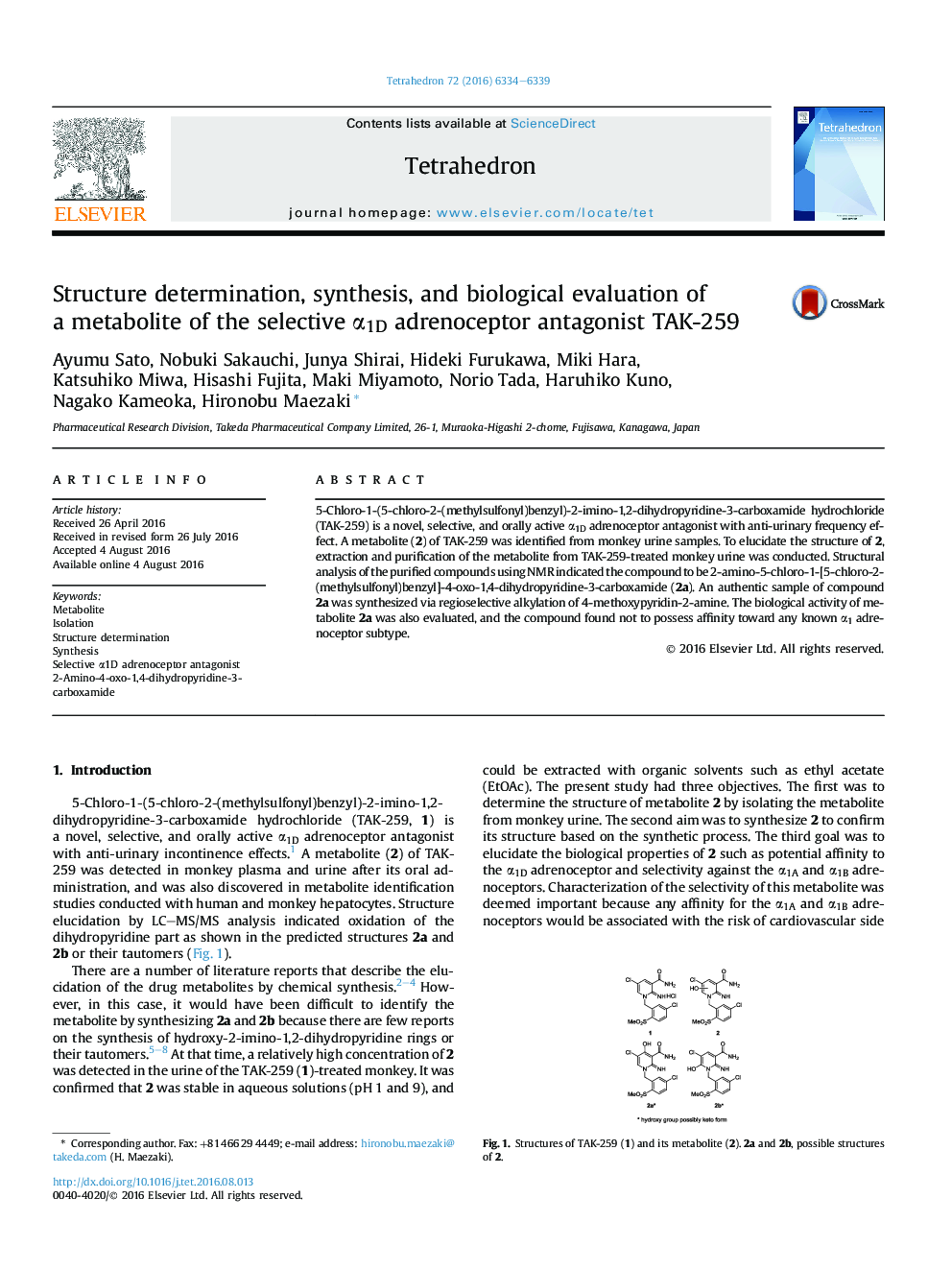 Structure determination, synthesis, and biological evaluation of a metabolite of the selective Î±1D adrenoceptor antagonist TAK-259