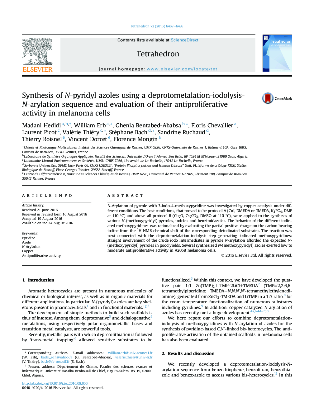 Synthesis of N-pyridyl azoles using a deprotometalation-iodolysis-N-arylation sequence and evaluation of their antiproliferative activity in melanoma cells