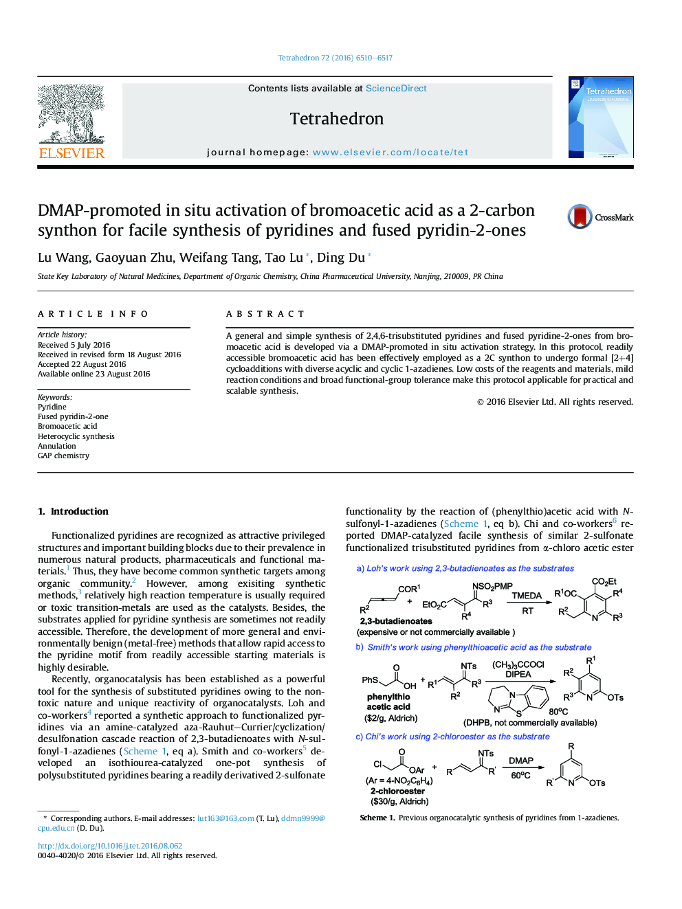 DMAP-promoted in situ activation of bromoacetic acid as a 2-carbon synthon for facile synthesis of pyridines and fused pyridin-2-ones