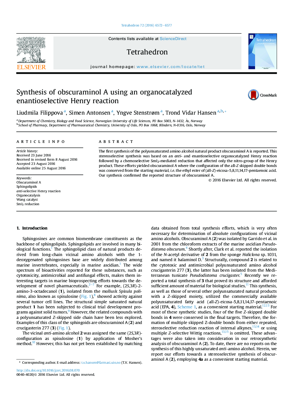 Synthesis of obscuraminol A using an organocatalyzed enantioselective Henry reaction