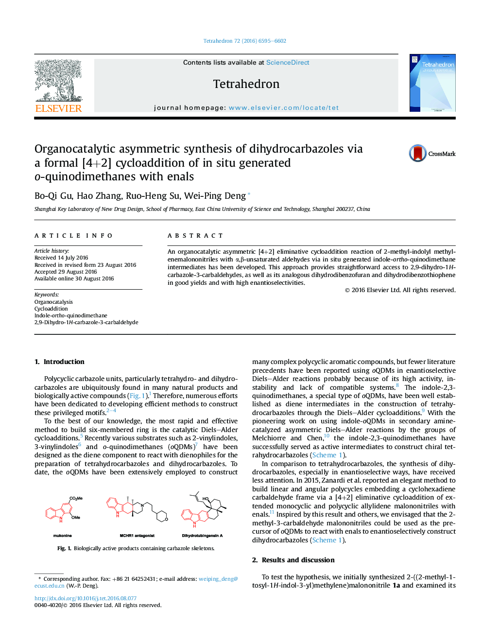 Organocatalytic asymmetric synthesis of dihydrocarbazoles via a formal [4+2] cycloaddition of in situ generated o-quinodimethanes with enals