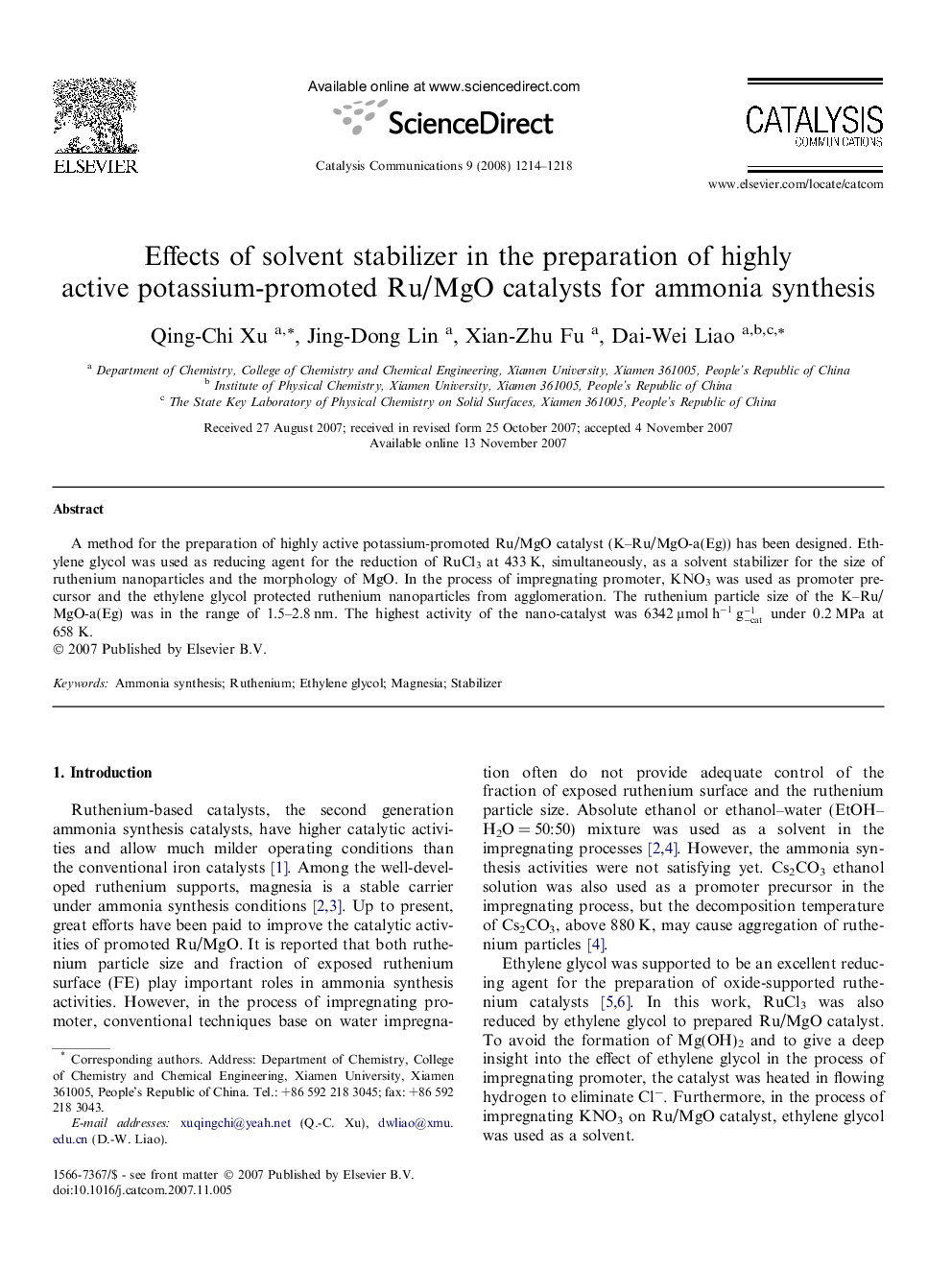 Effects of solvent stabilizer in the preparation of highly active potassium-promoted Ru/MgO catalysts for ammonia synthesis