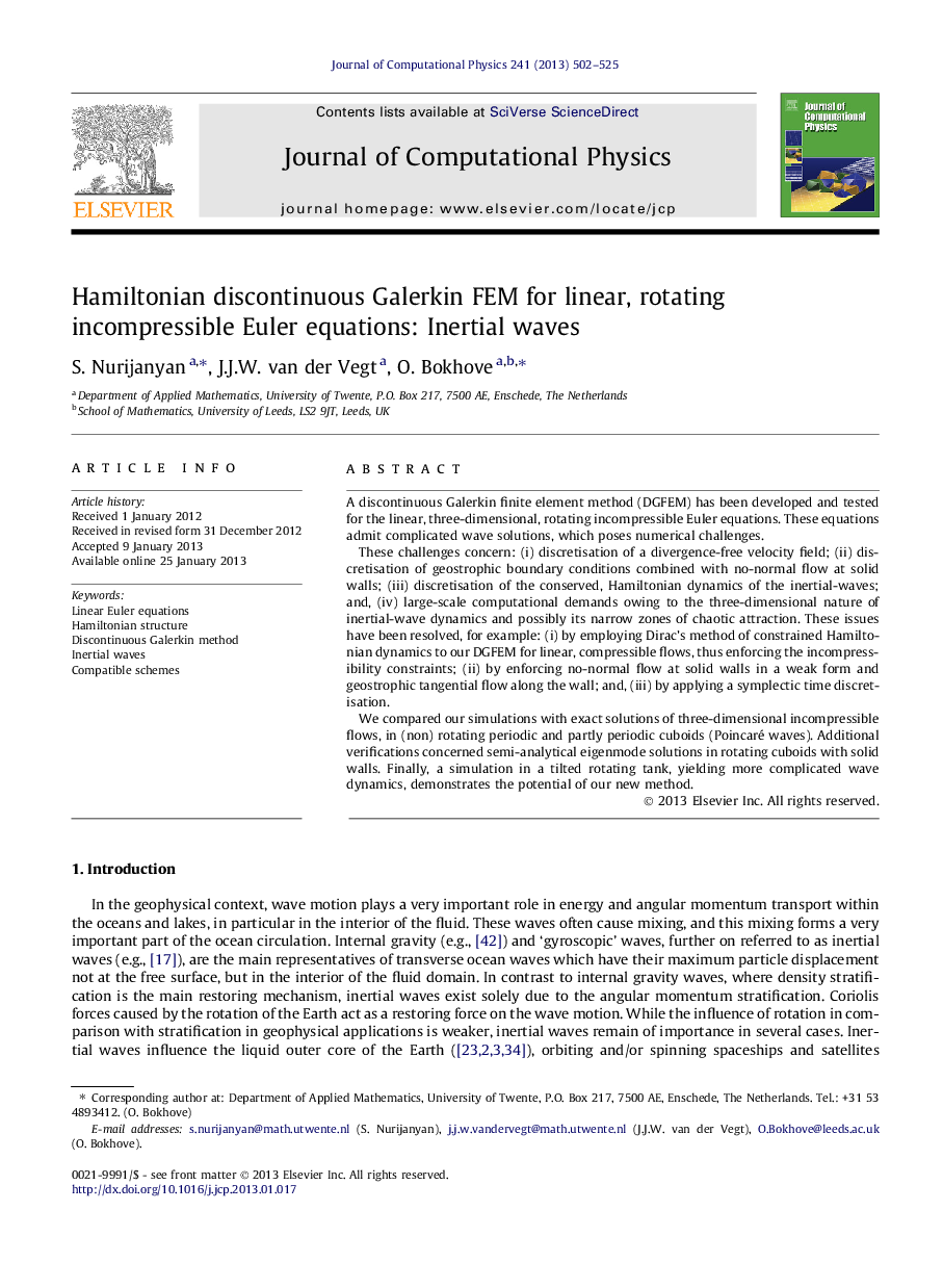 Hamiltonian discontinuous Galerkin FEM for linear, rotating incompressible Euler equations: Inertial waves