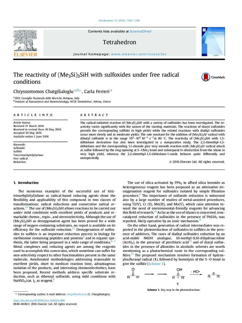 The reactivity of (Me3Si)3SiH with sulfoxides under free radical conditions