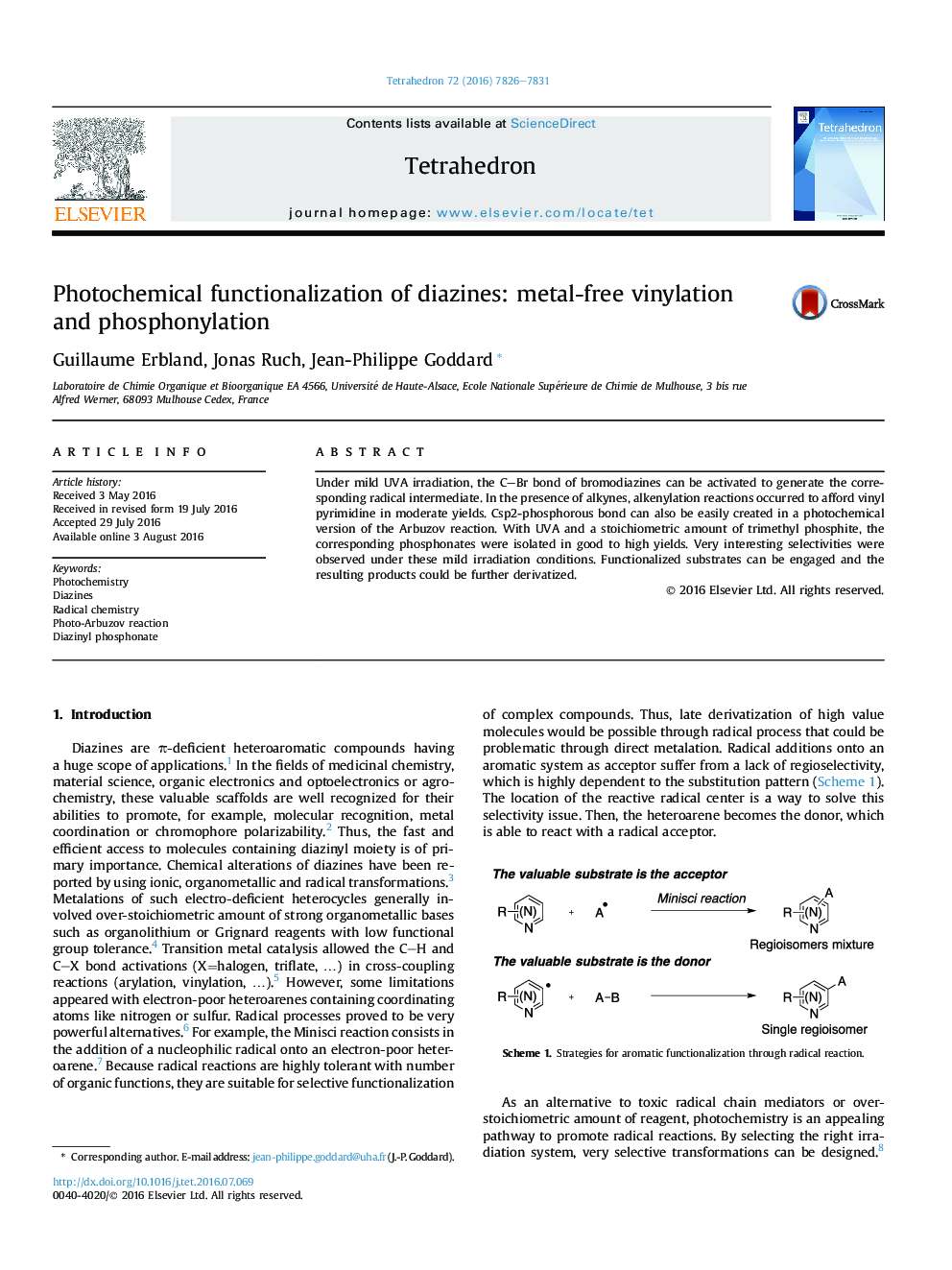 Photochemical functionalization of diazines: metal-free vinylation and phosphonylation