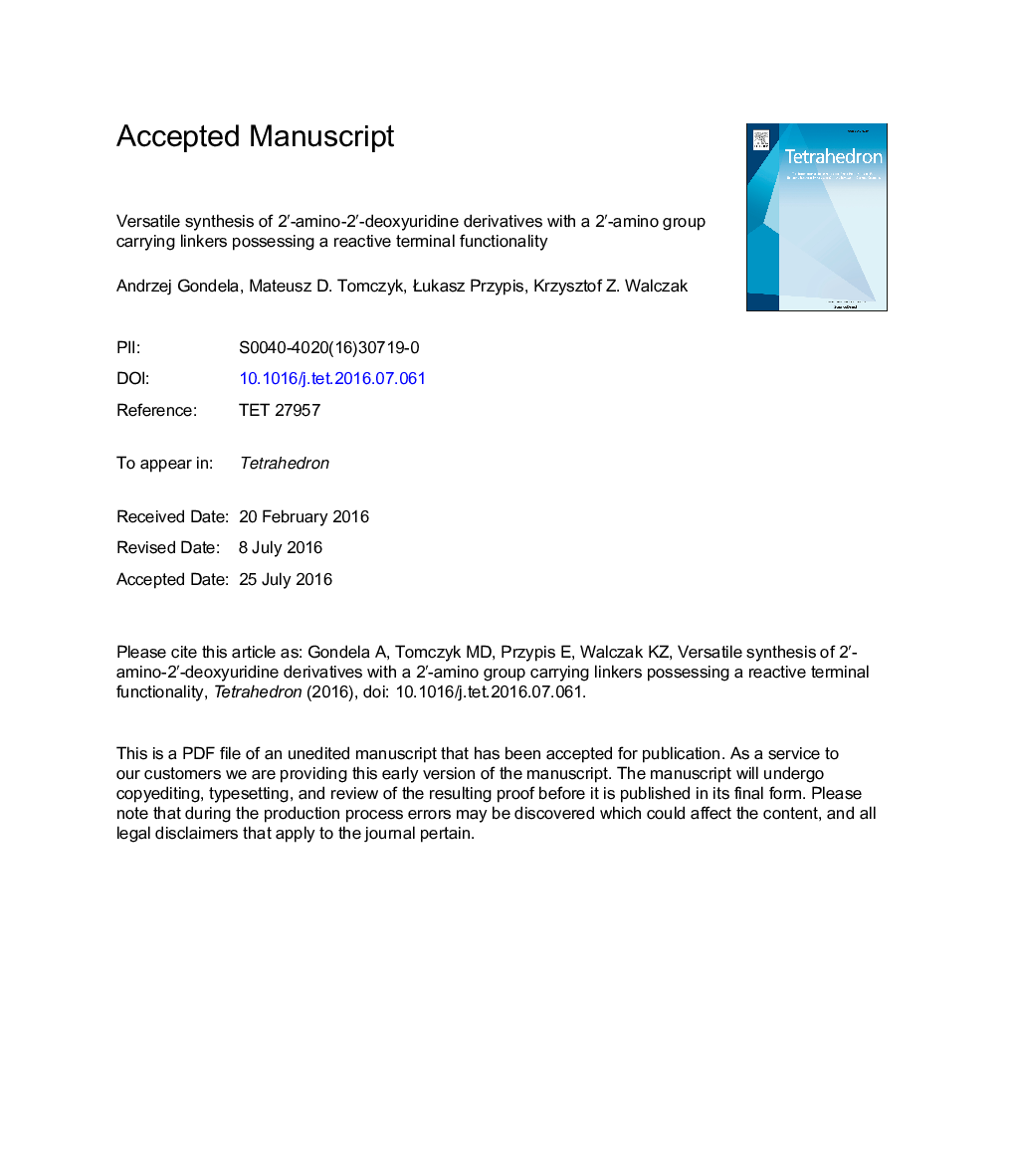 Versatile synthesis of 2â²-amino-2â²-deoxyuridine derivatives with a 2â²-amino group carrying linkers possessing a reactive terminal functionality