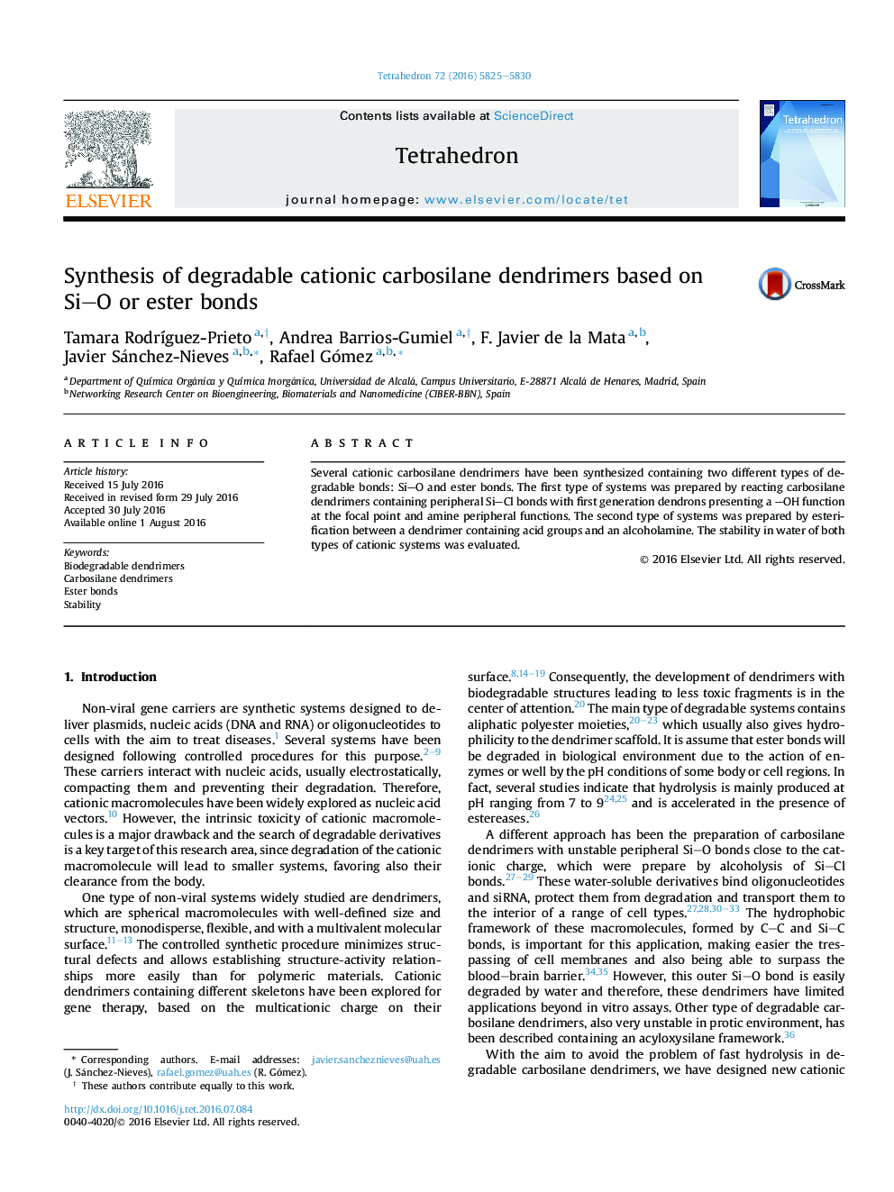 Synthesis of degradable cationic carbosilane dendrimers based on Si-O or ester bonds