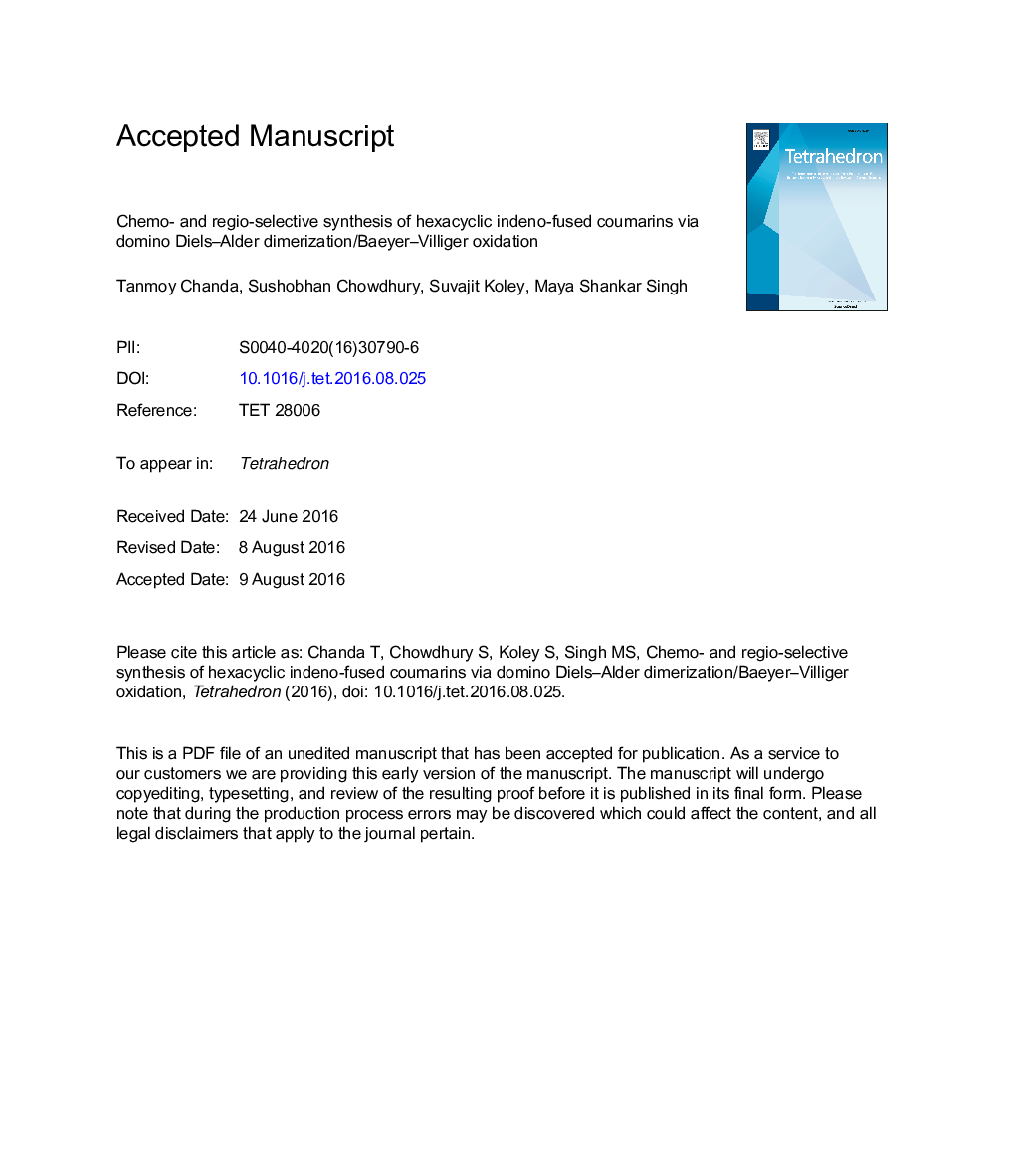 Chemo- and regio-selective synthesis of hexacyclic indeno-fused coumarins via domino Diels-Alder dimerization/Baeyer-Villiger oxidation