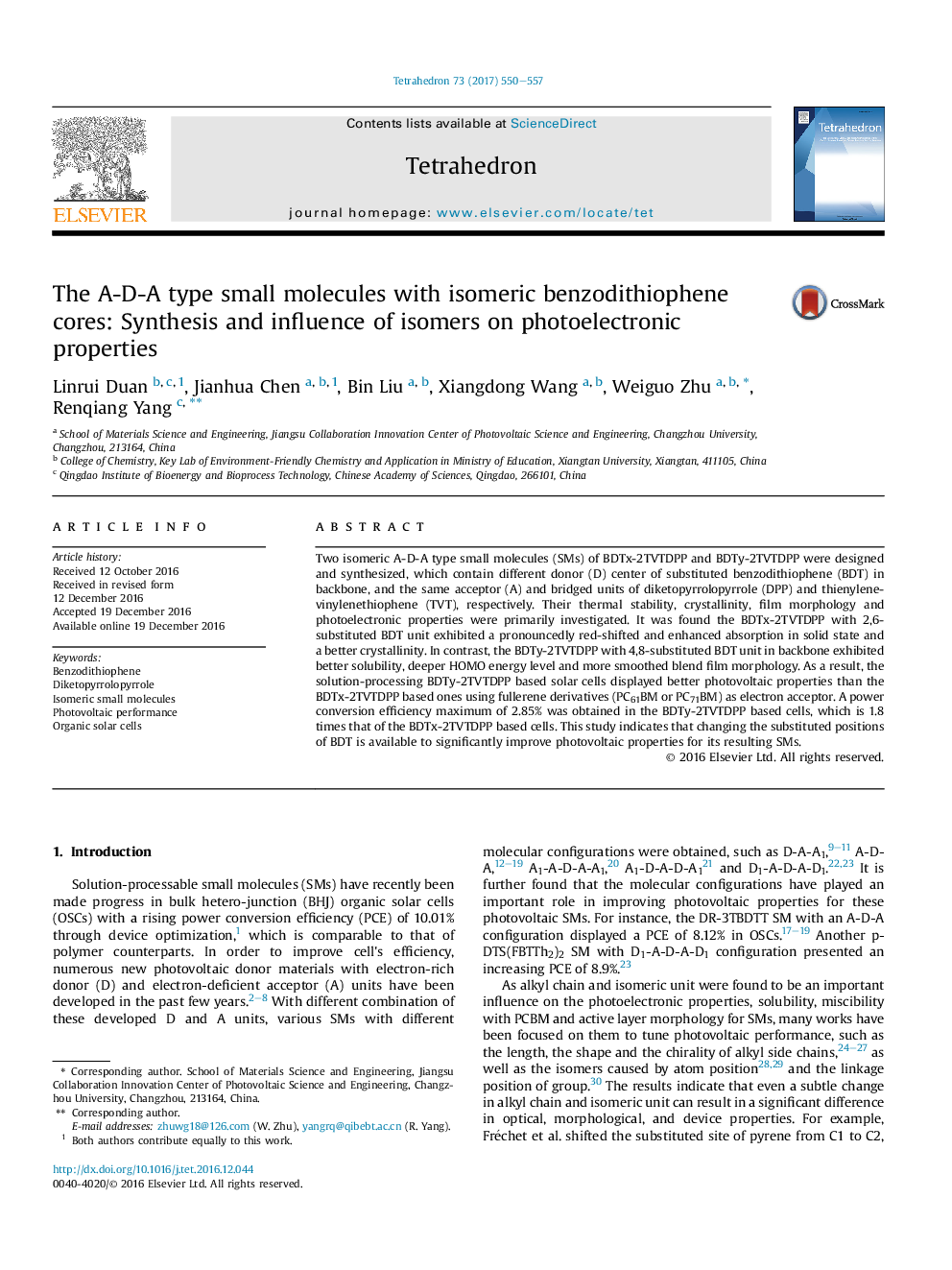 عکس صفحه اول مقاله: The A-D-A type small molecules with isomeric benzodithiophene cores: Synthesis and influence of isomers on photoelectronic properties The A-D-A type small molecules with isomeric benzodithiophene cores: Synthesis and influence of isomers on photoelectronic properties