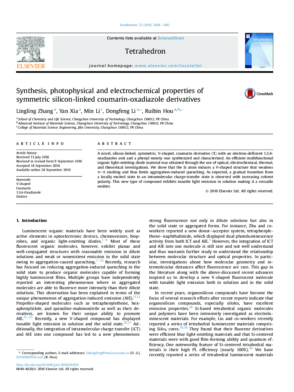 Synthesis, photophysical and electrochemical properties of symmetric silicon-linked coumarin-oxadiazole derivatives